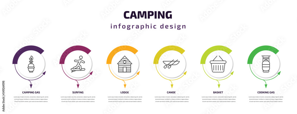 camping infographic template with icons and 6 step or option. camping icons such as camping gas, surfing, lodge, canoe, basket, cooking gas vector. can be used for banner, info graph, web,