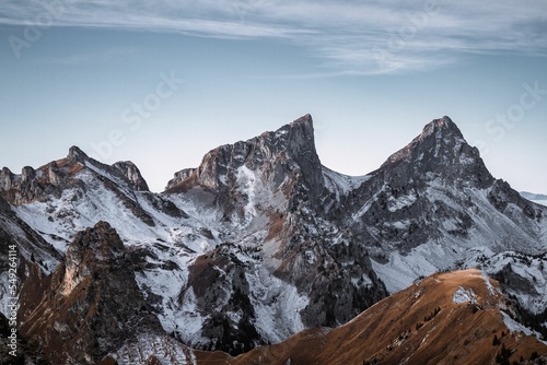 Twin Mountains captured from a hike up to Le Grammont, Valais, Switzerland photo