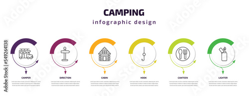 camping infographic template with icons and 6 step or option. camping icons such as camper, direction, cabin, hook, canteen, lighter vector. can be used for banner, info graph, web, presentations.