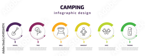 camping infographic template with icons and 6 step or option. camping icons such as shovel, tree, grill, wingsuit, axes, thermo vector. can be used for banner, info graph, web, presentations.