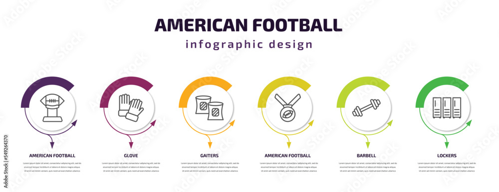 american football infographic template with icons and 6 step or option. american football icons such as american football tee, glove, gaiters, medal, barbell, lockers vector. can be used for banner,