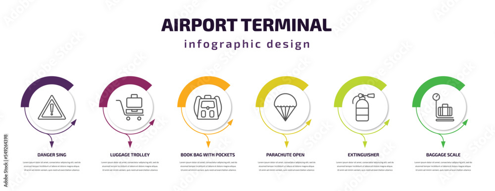 airport terminal infographic template with icons and 6 step or option. airport terminal icons such as danger sing, luggage trolley, book bag with pockets, parachute open, extinguisher, baggage scale