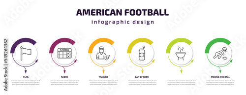 american football infographic template with icons and 6 step or option. american football icons such as flag, score, trainer, can of beer, , picking the ball vector. can be used for banner, info