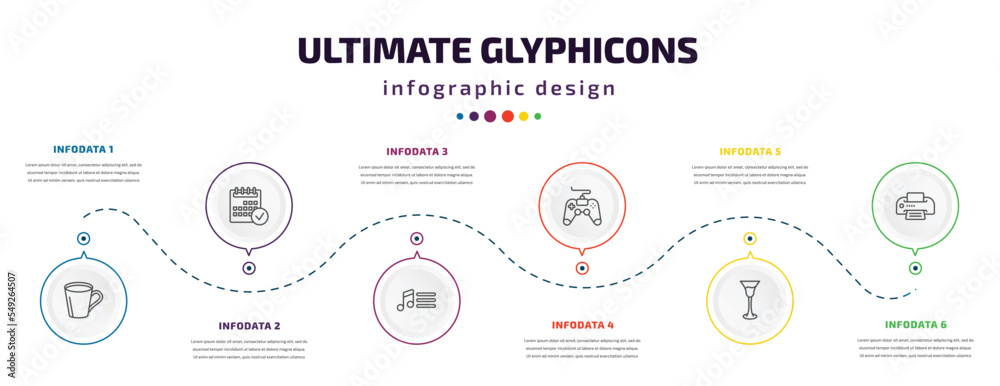 ultimate glyphicons infographic element with icons and 6 step or option. ultimate glyphicons icons such as big cup, calendar checked, music menu, game controller cross, cocktail glass, printer with