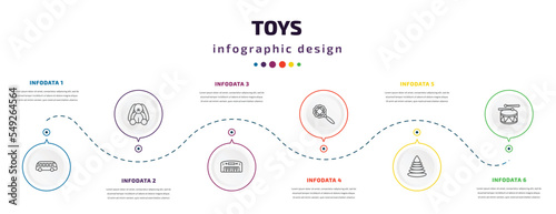 toys infographic element with icons and 6 step or option. toys icons such as bus toy, bunny toy, piano toy, rattle pyramid drum vector. can be used for banner, info graph, web, presentations.