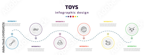 toys infographic element with icons and 6 step or option. toys icons such as puppy toy, truck toy, octopus toy, beach ball rocking horse pram vector. can be used for banner, info graph, web,