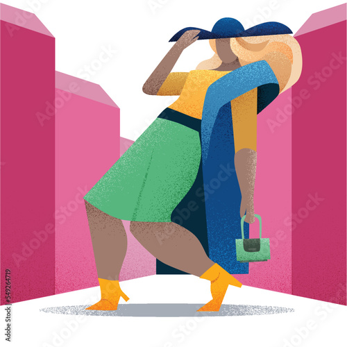 Model girl posing for a fashion magazine, profession illustration, flat design, vector particles, grain effect