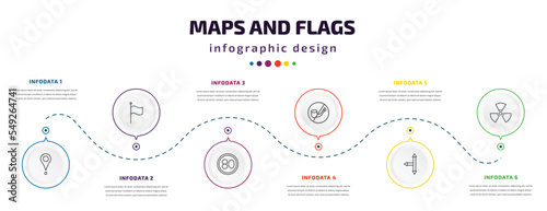 maps and flags infographic element with icons and 6 step or option. maps and flags icons such as placeholder point, plain flag, 80 speed limit, no smoking pipe, left intersection, radiactive vector.