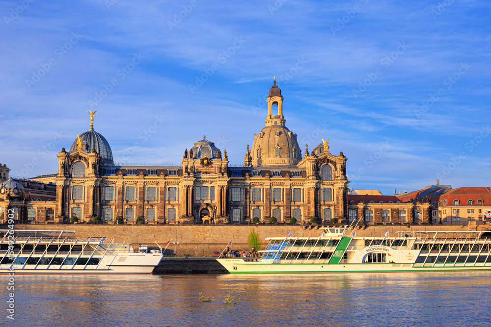 Cityscape - view of the facade of the Dresden Academy of Fine Arts on the Bruhl's Terrace on the banks of the Elbe, Dresden, Germany