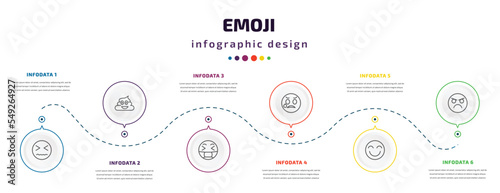 emoji infographic element with icons and 6 step or option. emoji icons such as desperate emoji, poo sick disappointed grinning pouting vector. can be used for banner, info graph, web, presentations.