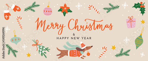 Christmas And New Year Wishes. Holiday Banner Vector Design. Hand Drawn Elements And Handwritten Calligraphy On Beige Background.