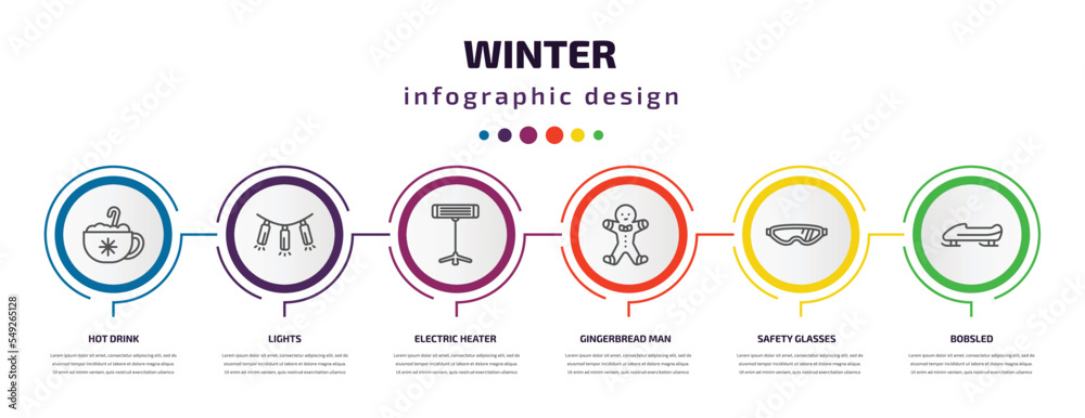 winter infographic template with icons and 6 step or option. winter icons such as hot drink, lights, electric heater, gingerbread man, safety glasses, bobsled vector. can be used for banner, info