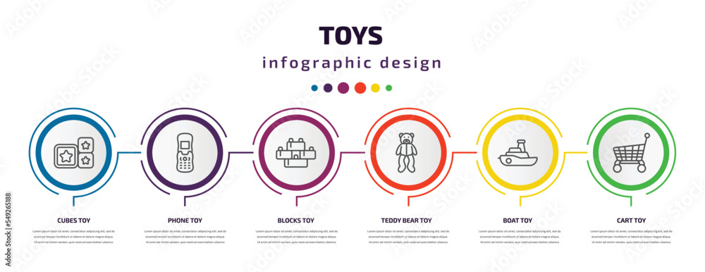 toys infographic template with icons and 6 step or option. toys icons such as cubes toy, phone toy, blocks toy, teddy bear boat cart vector. can be used for banner, info graph, web, presentations. toys infographic template with icons and 6 step or option. toys icons such as cubes toy, phone toy, blocks toy, teddy bear boat cart vector. can be used for banner, info graph, web, presentations.