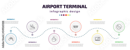 airport terminal infographic element with icons and 6 step or option. airport terminal icons such as key with key chain, plane landing, hot coffee, air company, airport atm, telephone vector. can be