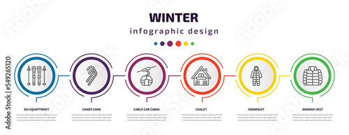 winter infographic template with icons and 6 step or option. winter icons such as ski equiptment, candy cane, cable car cabin, chalet, snowsuit, anorak vest vector. can be used for banner, info