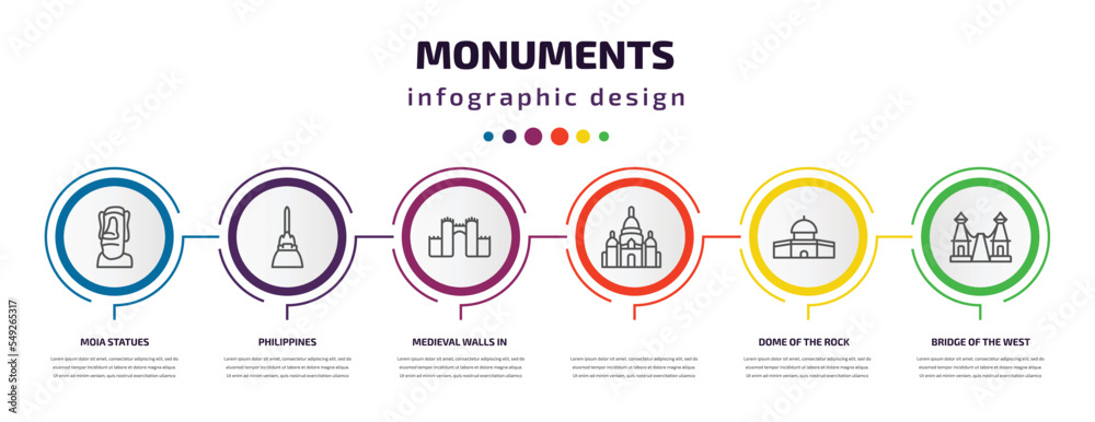 monuments infographic template with icons and 6 step or option. monuments icons such as moia statues, philippines, medieval walls in avila, , dome of the rock, bridge of the west vector. can be monuments infographic template with icons and 6 step or option. monuments icons such as moia statues, philippines, medieval walls in avila, , dome of the rock, bridge of the west vector. can be