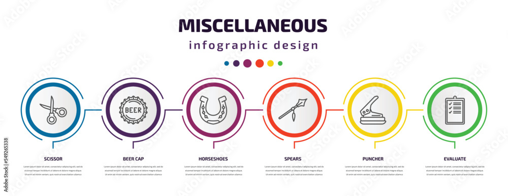 miscellaneous infographic template with icons and 6 step or option. miscellaneous icons such as scissor, beer cap, horseshoes, spears, puncher, evaluate vector. can be used for banner, info graph, miscellaneous infographic template with icons and 6 step or option. miscellaneous icons such as scissor, beer cap, horseshoes, spears, puncher, evaluate vector. can be used for banner, info graph,