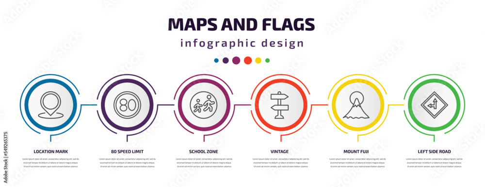maps and flags infographic template with icons and 6 step or option. maps and flags icons such as location mark, 80 speed limit, school zone, vintage, mount fuji, left side road vector. can be used maps and flags infographic template with icons and 6 step or option. maps and flags icons such as location mark, 80 speed limit, school zone, vintage, mount fuji, left side road vector. can be used