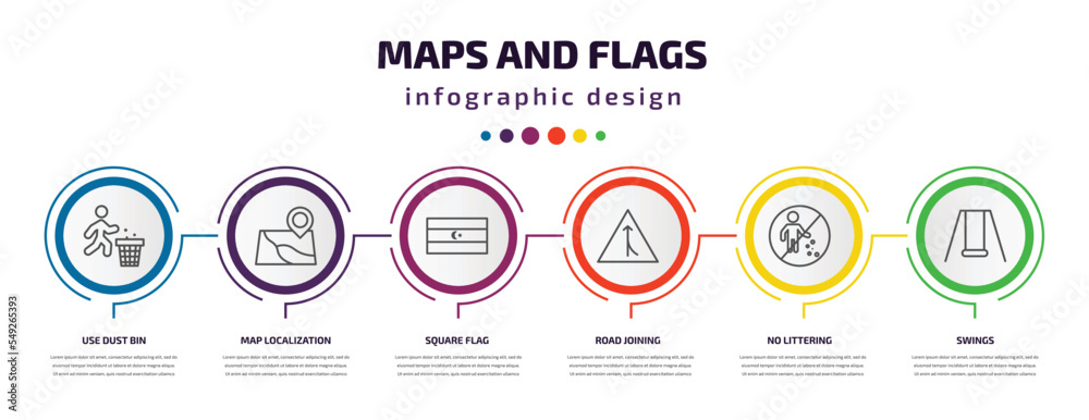 maps and flags infographic template with icons and 6 step or option. maps and flags icons such as use dust bin, map localization, square flag, road joining, no littering, swings vector. can be used maps and flags infographic template with icons and 6 step or option. maps and flags icons such as use dust bin, map localization, square flag, road joining, no littering, swings vector. can be used