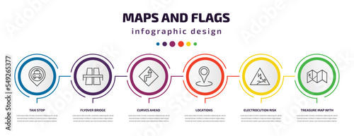 maps and flags infographic template with icons and 6 step or option. maps and flags icons such as taxi stop, flyover bridge, curves ahead, locations, electrocution risk, treasure map with x vector.