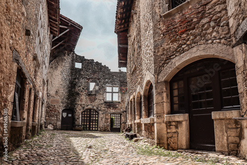 Old buildings in the medieval village Pérouges in France.