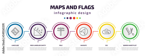 maps and flags infographic template with icons and 6 step or option. maps and flags icons such as land slide, rock landslide safety, pole, navigate, co2, women hairstylist vector. can be used for