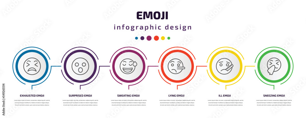 emoji infographic template with icons and 6 step or option. emoji icons such as exhausted emoji, surprised sweating lying ill sneezing vector. can be used for banner, info graph, web, presentations. emoji infographic template with icons and 6 step or option. emoji icons such as exhausted emoji, surprised sweating lying ill sneezing vector. can be used for banner, info graph, web, presentations.