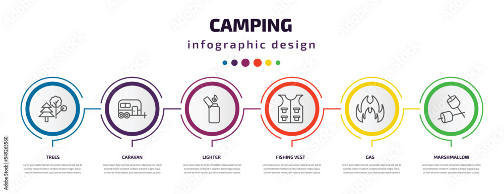 camping infographic template with icons and 6 step or option. camping icons such as trees, caravan, lighter, fishing vest, gas, marshmallow vector. can be used for banner, info graph, web, camping infographic template with icons and 6 step or option. camping icons such as trees, caravan, lighter, fishing vest, gas, marshmallow vector. can be used for banner, info graph, web,