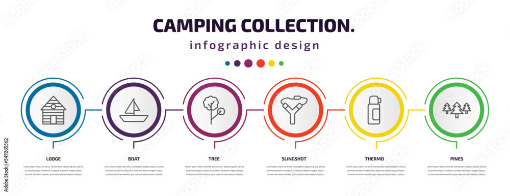 camping collection. infographic template with icons and 6 step or option. camping collection. icons such as lodge, boat, tree, slingshot, thermo, pines vector. can be used for banner, info graph, camping collection. infographic template with icons and 6 step or option. camping collection. icons such as lodge, boat, tree, slingshot, thermo, pines vector. can be used for banner, info graph,