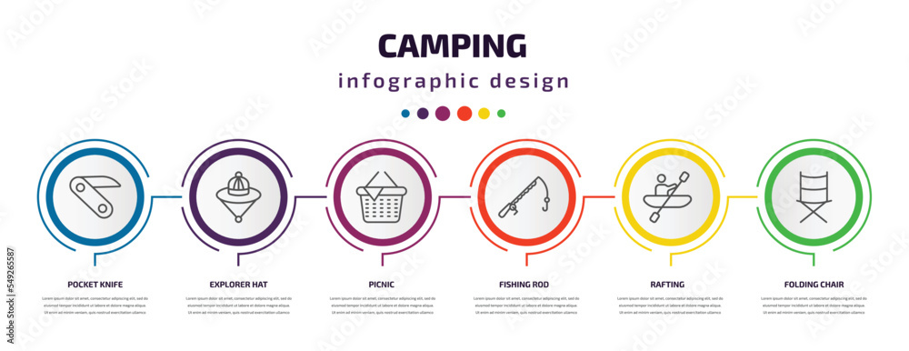 camping infographic template with icons and 6 step or option. camping icons such as pocket knife, explorer hat, picnic, fishing rod, rafting, folding chair vector. can be used for banner, info camping infographic template with icons and 6 step or option. camping icons such as pocket knife, explorer hat, picnic, fishing rod, rafting, folding chair vector. can be used for banner, info