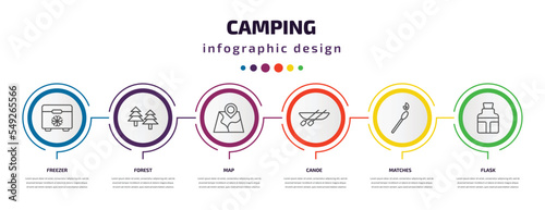 camping infographic template with icons and 6 step or option. camping icons such as freezer, forest, map, canoe, matches, flask vector. can be used for banner, info graph, web, presentations.