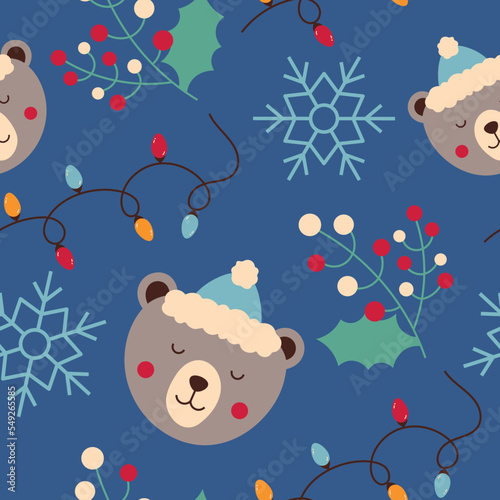 Christmas seamless pattern with bears on blue background. Winter pattern with bears, snowflakes and garland. Great for wrapping paper, greeting cards, invitations. Beautiful winter background