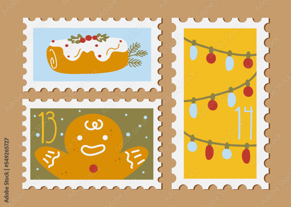 Christmas new year stamps cards. Cartoon style, hand drawn decorative elements. Holiday vector stickers illustrations set