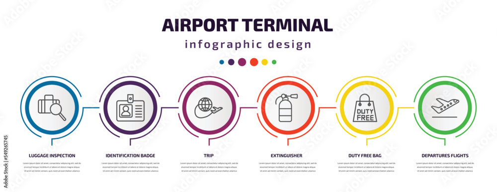 airport terminal infographic template with icons and 6 step or option. airport terminal icons such as luggage inspection, identification badge, trip, extinguisher, duty free bag, departures flights airport terminal infographic template with icons and 6 step or option. airport terminal icons such as luggage inspection, identification badge, trip, extinguisher, duty free bag, departures flights