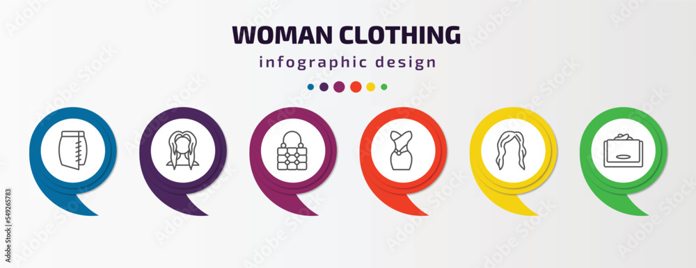woman clothing infographic template with icons and 6 step or option. woman clothing icons such as skirt black short, female with long hair, fashionable hand bag, strapless tube dress, hair wig with woman clothing infographic template with icons and 6 step or option. woman clothing icons such as skirt black short, female with long hair, fashionable hand bag, strapless tube dress, hair wig with