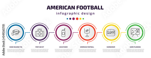 american football infographic template with icons and 6 step or option. american football icons such as hand holding the ball, first aid kit, can of beer, american football goal, hamburger, game