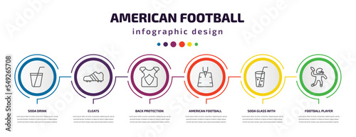 american football infographic template with icons and 6 step or option. american football icons such as soda drink, cleats, back protection, american football field, soda glass with a straw, player