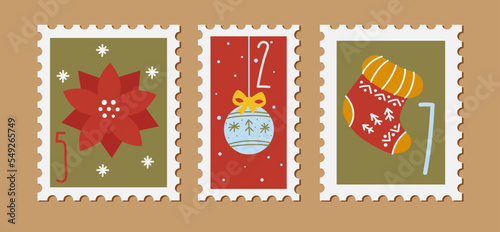Christmas new year stamps cards. Cartoon style, hand drawn decorative elements. Holiday vector stickers illustrations set