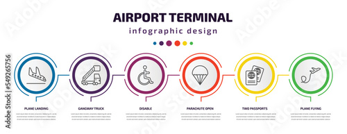 airport terminal infographic template with icons and 6 step or option. airport terminal icons such as plane landing, gangway truck, disable, parachute open, two passports, plane flying vector. can