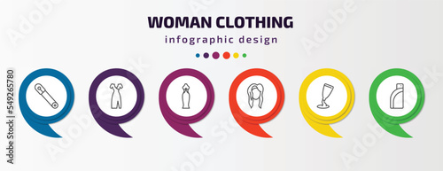 woman clothing infographic template with icons and 6 step or option. woman clothing icons such as safety pin, clothes, long black gown, human black hair, creme container black, pocket vector. can be