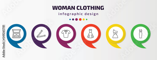 woman clothing infographic template with icons and 6 step or option. woman clothing icons such as eyes shades makeup, hair clip tool, polo shirt for women, vintage dress, female sexy dress, bottle