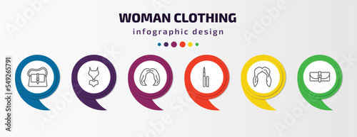 woman clothing infographic template with icons and 6 step or option. woman clothing icons such as female handbag, female swimsuit, , eyeliner pencils, female long black hair, wallet vector. can be