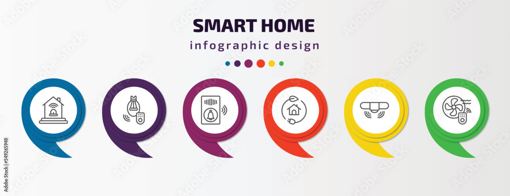 smart home infographic template with icons and 6 step or option. smart home icons such as alarm system, lighting, doorbell, zero emission, sensor, fan vector. can be used for banner, info graph, smart home infographic template with icons and 6 step or option. smart home icons such as alarm system, lighting, doorbell, zero emission, sensor, fan vector. can be used for banner, info graph,