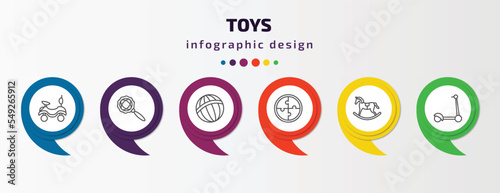 toys infographic template with icons and 6 step or option. toys icons such as ride on toy, rattle toy, beach ball toy, puzzle rocking horse scooter vector. can be used for banner, info graph, web,