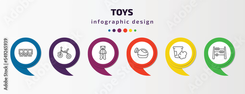 toys infographic template with icons and 6 step or option. toys icons such as shapes toy, tricycle toy, teddy bear toy, watering can dough abacus vector. can be used for banner, info graph, web,