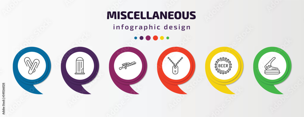 miscellaneous infographic template with icons and 6 step or option. miscellaneous icons such as paperclip attachment, granary, flame thrower, army dog tag, beer cap, puncher vector. can be used for miscellaneous infographic template with icons and 6 step or option. miscellaneous icons such as paperclip attachment, granary, flame thrower, army dog tag, beer cap, puncher vector. can be used for