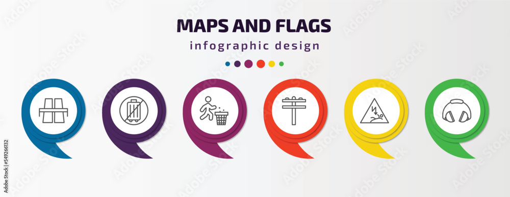 maps and flags infographic template with icons and 6 step or option. maps and flags icons such as flyover bridge, no luggage, use dust bin, pole, electrocution risk, ear protection vector. can be maps and flags infographic template with icons and 6 step or option. maps and flags icons such as flyover bridge, no luggage, use dust bin, pole, electrocution risk, ear protection vector. can be
