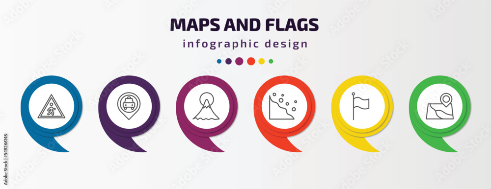 maps and flags infographic template with icons and 6 step or option. maps and flags icons such as crossing zone, taxi stop, mount fuji, rock landslide safety, plain flag, map localization vector. maps and flags infographic template with icons and 6 step or option. maps and flags icons such as crossing zone, taxi stop, mount fuji, rock landslide safety, plain flag, map localization vector.