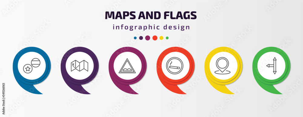 maps and flags infographic template with icons and 6 step or option. maps and flags icons such as flags, treasure map with x, speed breaker, smoke zone, location mark, left intersection vector. can maps and flags infographic template with icons and 6 step or option. maps and flags icons such as flags, treasure map with x, speed breaker, smoke zone, location mark, left intersection vector. can