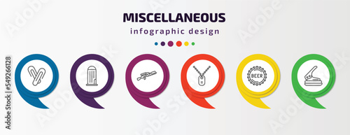 miscellaneous infographic template with icons and 6 step or option. miscellaneous icons such as paperclip attachment, granary, flame thrower, army dog tag, beer cap, puncher vector. can be used for